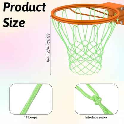 Nightlight Basketball Net, Outdoor Basketball Net Luminous Basketballs Nets 12 Loops Portable Sport Nylon Nets for All Weather Anti Whip