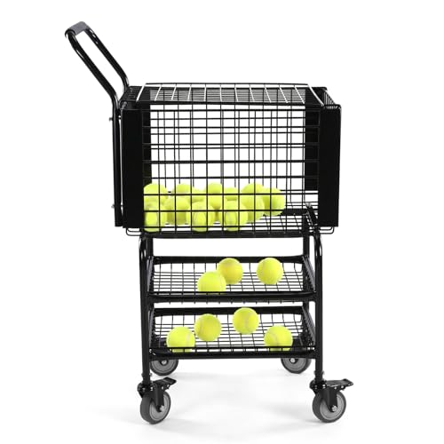 Tennis Ball Basket Pickup Hopper Cart Holds 350 Balls Tennis Ball Hopper Basket Collector Trolley 2 Layers with Wheel for Serve Training