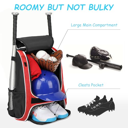 LARIPOP Youth Baseball Bag, Bat Backpack with Fence Hook & Separate Shoe Compartment, Waterproof Equipment Bag for Baseball, T-Ball & Softball - color: Red