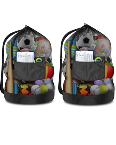 BROTOU Heavy Duty Soccer Ball Net Bag(100L Extra Large Capacity 10-12Balls), Drawstring Mesh Ball Bag with Zipper Pocket, Sports Equipment Storage Organizer Hold for Gym, Beach, Cloth, Swimming Gears - color: Black-2pcs-Thickened Upgrade