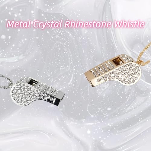 Metal Rhinestone Lanyard Whistle Bling Crystal Loud Sound with Chain Whistle for Coaches, Referee, Teachers, Police, Lifeguard, Emergency, Sports, Adults (Silver)