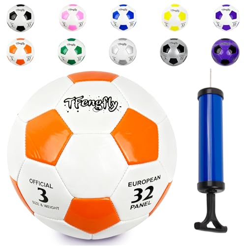 Soccer Ball Size 3 with Pump Needle, Size 3 Trainning Classic White Black Thicker PU Tight Weaved Suitable for Youth Boy League Game Trainning - color: White+Orange