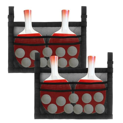 Klmnop 2 Pack Ping Pong Paddle Storage Bag with Mesh Organizer, Hanging Under Table Tennis Racket Holder for 4 Paddles and Balls, Sports Equipment, Easy Install with Straps