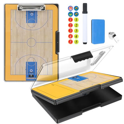 Basketball Clipboard for Coaches - All-Weather Double-Sided Dry Erase Board with Magnetic Pieces, Markers, Eraser, Whistle & Clear View Dry Erase Storage Box | Perfect Basketball Gifts - style: Basketball