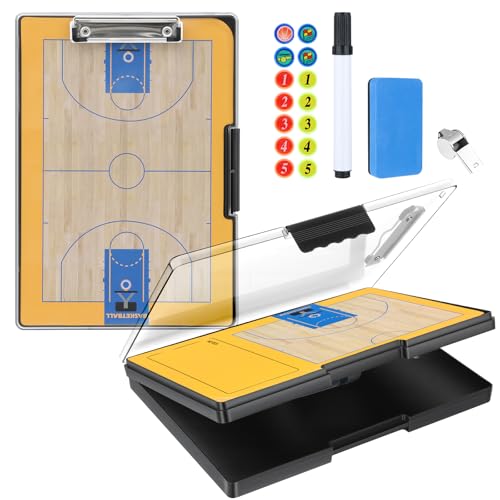 Basketball Clipboard for Coaches - All-Weather Double-Sided Dry Erase Board with Magnetic Pieces, Markers, Eraser, Whistle & Clear View Dry Erase Storage Box | Perfect Basketball Gifts - style: Basketball