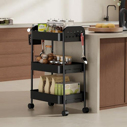 Heavy-Duty Rolling Cart 3 Tier Metal Utility Storage Cart with Casters, Hanging Cups, Hooks, Book Snack Craft Mesh Rolling Storage Organizer for Kitchen Office