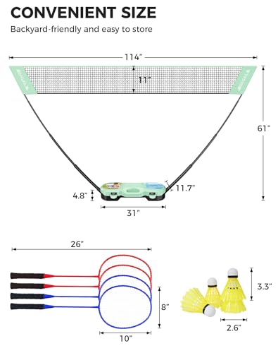 BAGAIL Portable Badminton Net Set, Pop-Up Net with Carry Case, Complete 4 Racket Set for Backyard, Park & Beach Games, Quick Setup Indoor Outdoor Sports Equipment for Backyard Fun