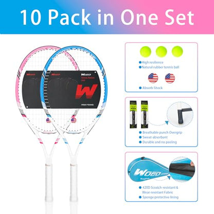 Pro Tennis Racket for Adults, 2 Player 27 inch Speed Tennis Racquet Acceptable for Beginner and Professional with 3 Tennis Balls, 2 Vibration Dampes, 2 Overgrips, Tennis Bag - color: Pink-Blue