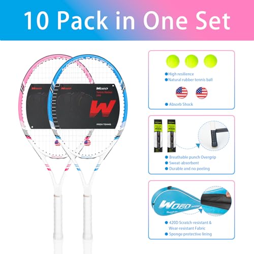 Pro Tennis Racket for Adults, 2 Player 27 inch Speed Tennis Racquet Acceptable for Beginner and Professional with 3 Tennis Balls, 2 Vibration Dampes, 2 Overgrips, Tennis Bag - color: Pink-Blue