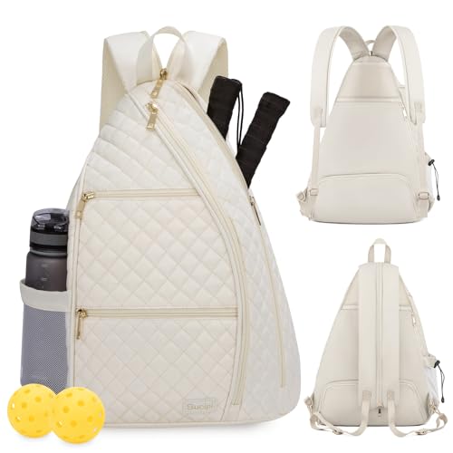 Women's Pickleball Backpack - Quilted Crossbody Sling Bag for Tennis & Pickleball Paddle - color: Beige, size: Large