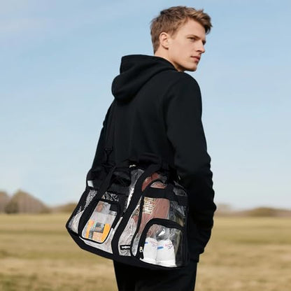 Large Heavy Duty Clear Duffel Bag with Shoes Compartment, Stadium Approved Clear Gym Bag with Adjustable Strap, Clear Tote Handbag Durable Crossbody for Football Basketball Baseball Golf Events Black