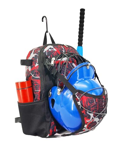 Youth Baseball Bat Bag Backpack, T-Ball & Softball Equipment Gear for Youth with Fence Hook, Lightweight Baseball Bat Backpack, Large Main Compartment for Helmet - color: Red