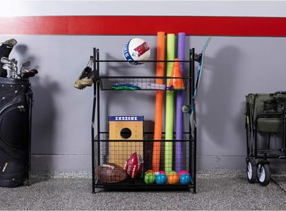 BIRDROCK HOME Sports Equipment Ball Organizer 43"H for Garage -Storage Rack - Baseball, Tennis, Football, Gym Gear - Wide Bin Basket - 4 Hooks - Kids Toy Holder - Hockey Stick Cage | Indoor - Outdoor