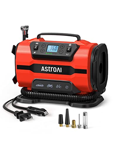AstroAI Tire Inflator Portable Air Compressor Pump 150PSI 12V DC/110V AC with Dual Metal Motors&LED Light, Automotive Car Accessories&Two Modes for Car, Bicycle Tires and Air Mattresses, Red - color: Red