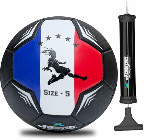 jaspo Soccer Champ Football, TPU Material, Machine Stitched, Size 5, Under 12 Years Age Group, 6 to 8 Lbs Inflation Football,Pump, France Black