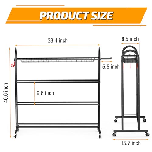 PLKOW Basketball Rack, Rolling Ball Storage with Baseball Bat Holder and Hooks, Sports Equipment Storage with Wheels for Volleyball, Football and Basketball Accessories, Powder Coated Steel