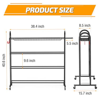 PLKOW Basketball Rack, Rolling Ball Storage with Baseball Bat Holder and Hooks, Sports Equipment Storage with Wheels for Volleyball, Football and Basketball Accessories, Powder Coated Steel