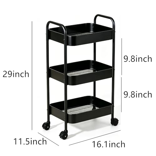 3-Tier Metal Rolling Utility Cart with Handle, Multi-Functional Storage Trolley for Office, Living Room, Kitchen, Movable Storage Organizer with Wheels, Black