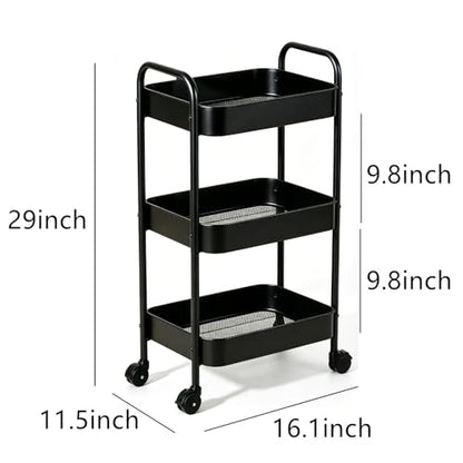 3-Tier Metal Rolling Utility Cart with Handle, Multi-Functional Storage Trolley for Office, Living Room, Kitchen, Movable Storage Organizer with Wheels, Black
