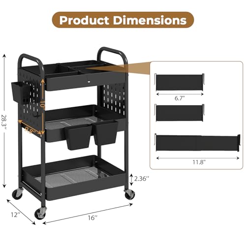 danpinera Craft Cart, Black Rolling Cart with Retractable Dividers & DIY Pegboards for Kitchen, Bedroom, Laundry - color: Black, size: with Dividers