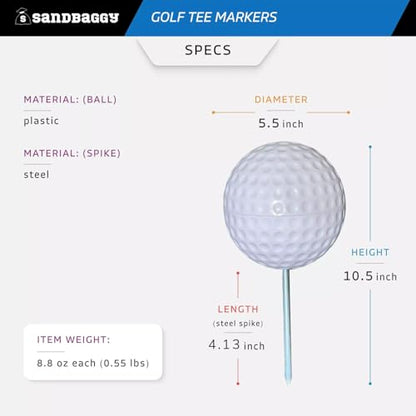 Sandbaggy Plastic Tee Markers for Golf Course (UV Resistant) - Steel Spike - Safety Caps Included - color: White