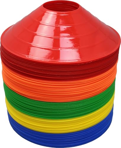 BlueDot Trading High Visibility Disc Cones - 100-Pack Lightweight Plastic Sports Cones for Agility Training, Soccer, Football, Speed Drills, Field Markers for Adults & Kids, Yellow