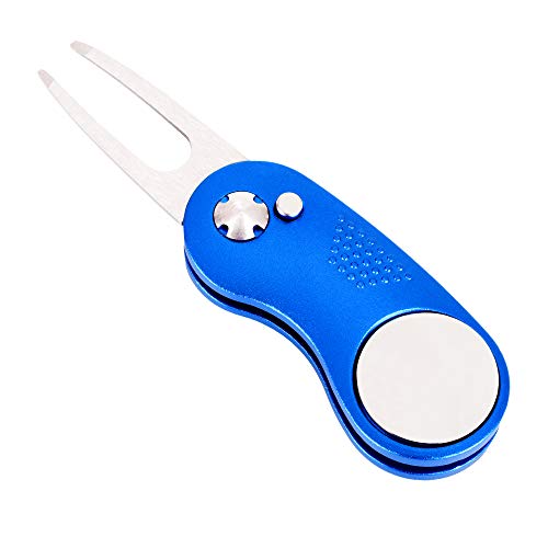 Mile High Life Golf Divot Repair Tool, All Metal Foldable Divot Tool with Pop-up Button & Magnetic Ball Marker - color: Blue Curve
