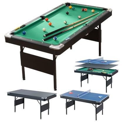 3 in 1 Pool Table Ping Pong Dining Table Combo,63.8 Foldable Billiard Tables/Table Tennis, Multi Game Table, with Billiard and Tennis Paddles Accessories