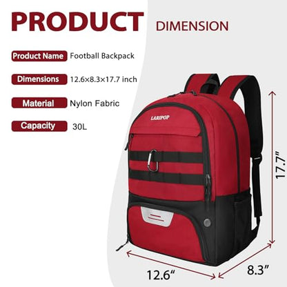 LARIPOP Soccer Backpack with Ball Holder & Shoe Compartment Large Capacity Youth Sports Bag for Training - color: Dark red