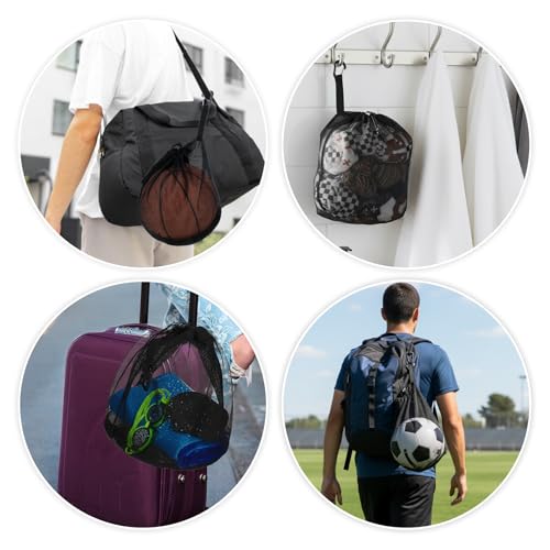 2Pcs Nylon Single Ball Bag, Lightweight Volleyball Ball Bag with Hook, Drawstring Sling Backpack for Soccer, Basketball, Football - color: Black