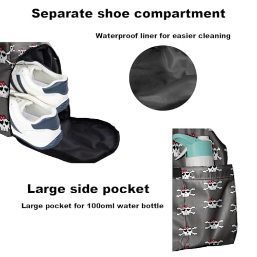 Brown Leopard Print Sports Duffle Bag - Large Gym Bag with Ventilated Shoe Compartment & Front Racket Sleeve, Waterproof Lightweight for Women Men Tennis Pickleball Travel - color: Skull Gray