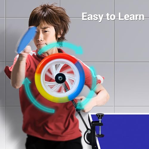 Table Tennis Solo Practice Trainer, Iron Table Tennis Stroke Trainer Wheel with Adjustable Arm & Angle, Fits Most Tables for Spin & Coordination Drills