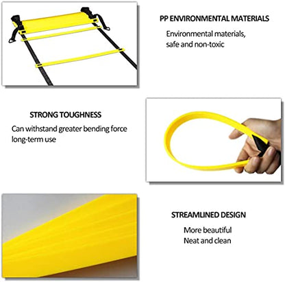 Speed Agility Ladder Training Set, 12 Rung 20Ft Agility Ladder, 12 Disc Cones, 4 Steel Stakes, Resistance Parachute with Carry Bag