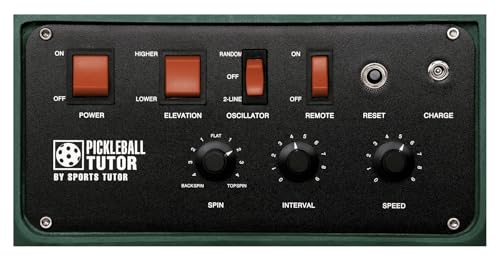 Pickleball Tutor Plus. Ball Machine. Variable TOPSPIN and Backspin. Speed 10-65 MPH. Random Oscillator. Made in USA by #1 Pickleball Machine Company.