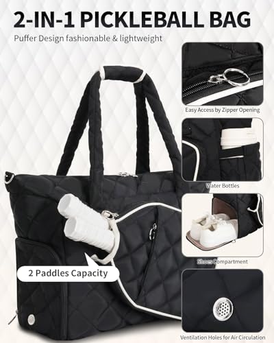 ESTARER Pickleball Tote Bag for Women with Shoe Compartment Large Pickleball Paddle Storage & Fence Hook - color: Black