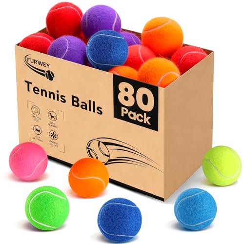 FURWEY Tennis Balls for Dogs 80 Pack,2.5 inches,Durable and Non-Toxic Dog Toys Balls with Mesh Bag,Colorful Fetch Toys Balls for pet Dog (Non Squeaky)