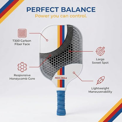 – Carbon Fiber Pickleball Paddles – USAPA Approved, Honeycomb Core, Cushioned Grip, Lightweight Design – Single Paddles & Paddle Sets - color: White Retro Stripe - Single Paddle