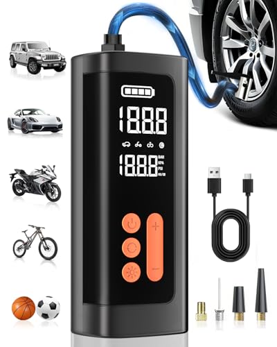 Tire Inflator Portable Air Compressor, Cordless & 12V DC Air Inflator for Car Bikes MotorcycleTires Balls with Auto Shut-Off, Digital Pressure Gauge, Compact Emergency Pump,Vivid Orange