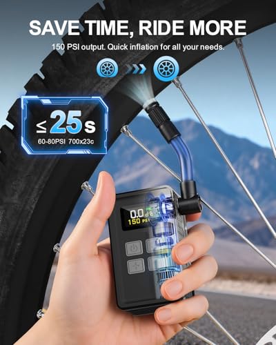 Mini Bike Pump 150PSI with Gauge, Fast Inflation Electric Air Pump, Portable Tire Inflator for Presta & Schrader Valve - Electric Bike, Mountain Bike, Road Bike, Motorcycle, Sports Ball