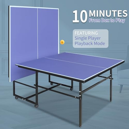 IUNNDS Portable Table Tennis Table 6/8/8.5/9FT Foldable Ping Pong Game Set for Indoor with Net and Post Set, 2 Paddles and 3 Balls - color: Blue-8.5FT