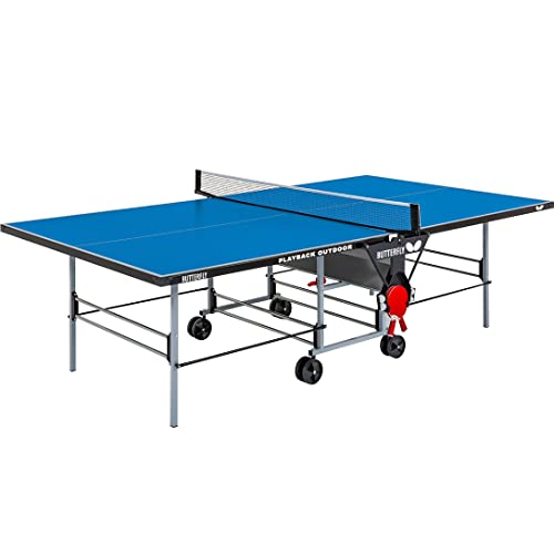 Butterfly Outdoor Playback Rollaway Table Tennis Table | Regulation Size - 9' x 5' x 2' 6" | Includes Net & Integrated Accessory Holder | Warranty: Top = 10-Years | Frame = 3-Years - color: blue