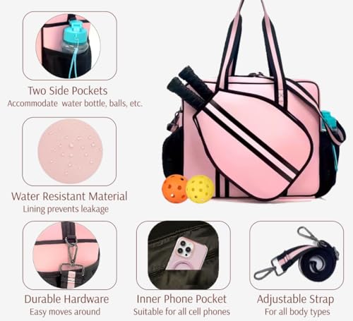 Pickleball Sports Tote Bag with Racket Holder, Neoprene, Adjustable Shoulder Strap - color: Pink