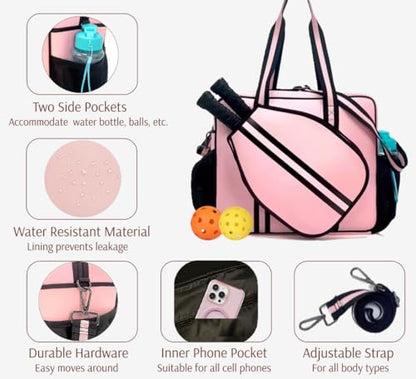 Pickleball Sports Tote Bag with Racket Holder, Neoprene, Adjustable Shoulder Strap - color: Pink