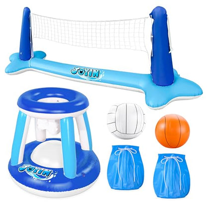 JOYIN Inflatable Volleyball Net & Basketball Hoops Pool Float Set; Balls Included for Kids/Adults, Summing Pool Game, Floating, Summer Floaties, Volleyball Court |Basketball,L-Dark Blue - color: Dark Blue, size: Large