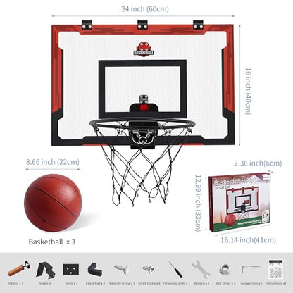 24 X 16 Inch Large Indoor Basketball Hoop for Kids Teens Adults, Over The Door Basketball Hoops with Electronic Scoreboard, Basketball Toys Birthday Gifts for Boys Girls