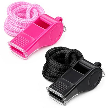 2 PCS Plastic Whistle for Coaches, Pink and Black Sports Whistle with Lanyard Plastic Sports Whistles Loud Crisp Sound Whistles with Mouth Grip for Outdoor Sport Referees Officials Emergency Survival