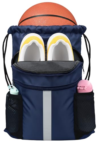 Drawstring Backpack with Shoes Bag Waterproof String Beach Bag for Sports Gym Swim（Navy） - color: Navy