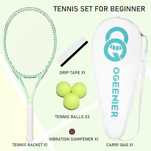 27 Inch Adult Tennis Racket Set, Pre-Strung Beginners Tennis Racquet, Lightweight and Recreational Aluminum Rackets with Overgrip, Tennis Balls and Tennis Bag for Men Women - color: Light Green