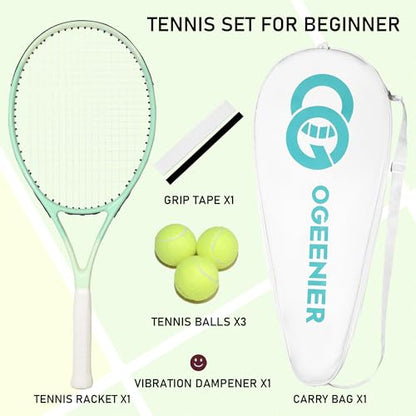27 Inch Adult Tennis Racket Set, Pre-Strung Beginners Tennis Racquet, Lightweight and Recreational Aluminum Rackets with Overgrip, Tennis Balls and Tennis Bag for Men Women - color: Light Green