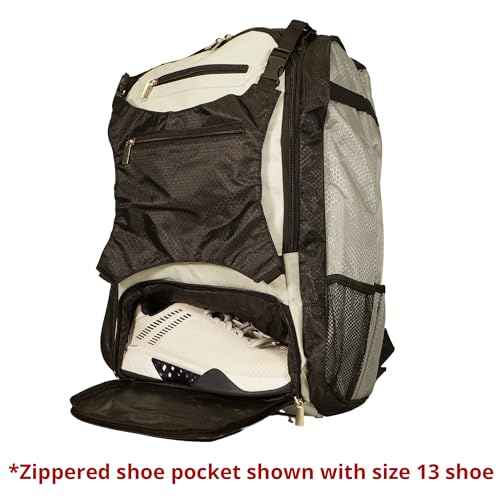 Baseball Backpack with Cleat Pocket | Large Capacity | 19.5" T x 14" W x 7.5" D | Holds 4 Bats | External Helmet Storage - color: Black / Gray